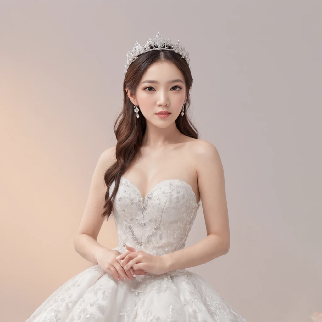 (One lady)、(Professional 3D Rendering:1.3) De (Realistic:1.3) The most beautiful art photos in the world，tmasterpiece，top-quality，Photos of private rooms，Stargirl，wedding photos，Full body photo of the front，No exposure on chest，Smaller chest，No Shoulders，N...