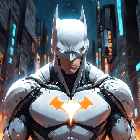 A realistic depiction of an advanced cybernetic suit wearing white Batman.