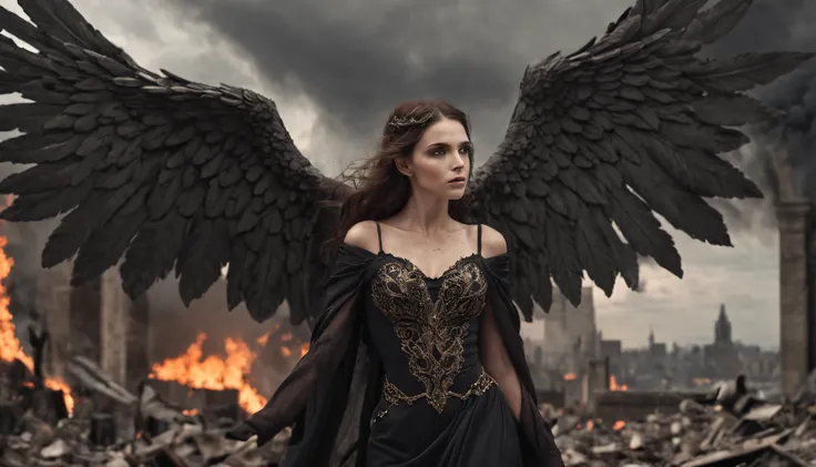 Create an image in a dark and gothic art style depicting a fallen, malevolent angelic goddess with magnificent wings, lying defeated on the ground in the midst of an apocalyptic city consumed by flames and ruins. The composition should focus on the goddess...