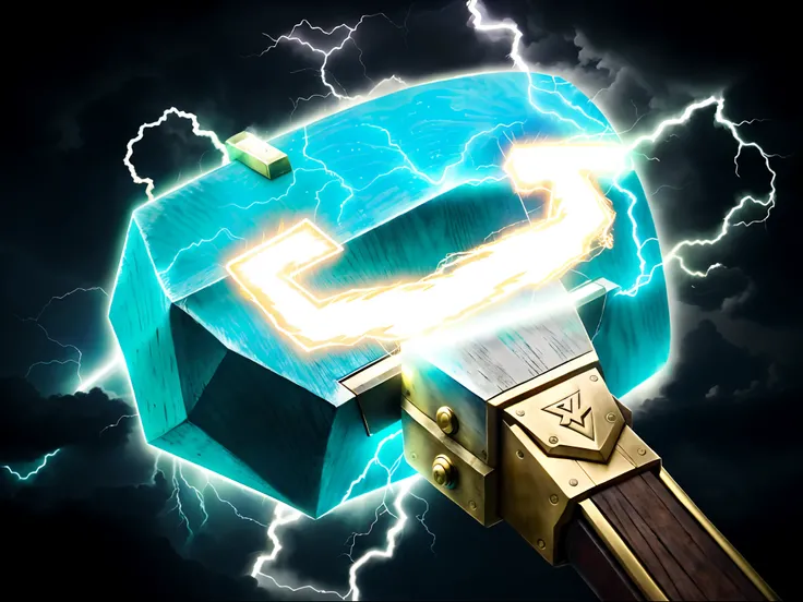 , Mjolnir,  Explosive lightning spell, Thors hammer, Electric hammer, The weapon of Zeus, Lightning, Electric hammer with wooden handle, Brass hammer handle, The front end has the handle of a blue metal electric hammer, The hammer is under lightning