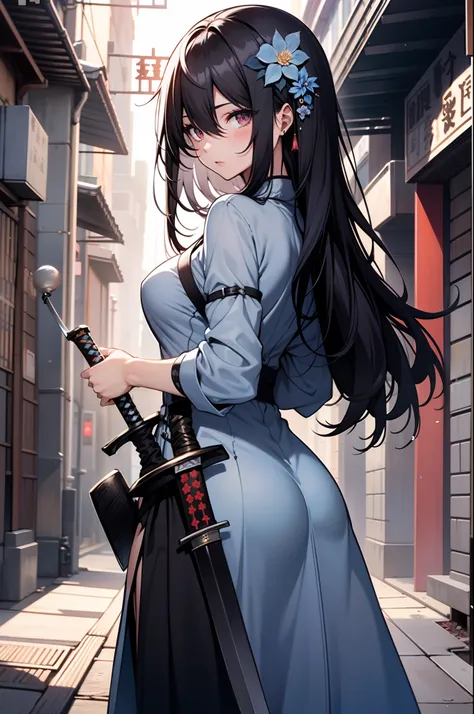 1girl, ass, black hair, blue flower, blue rose, blush, breasts, chinese text, cover, cover page, doujin cover, dress, flower, hair between eyes, hair flower, hair ornament, holding, holding sword, holding weapon, logo, long hair, looking at viewer, rose, s...