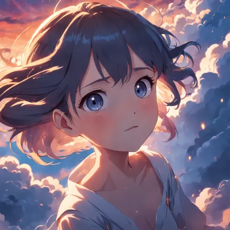 masterpiece, best quality, movie still, 1girl, cloud girl, floating in the sky, close-up, bright, happy, warm soft lighting, sunset, (sparks:0.7)