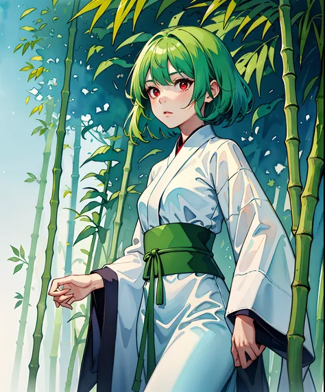 Bamboo forest girl with red eyes, short hair, bamboo leaf green hair, pure white cloth, watercolor