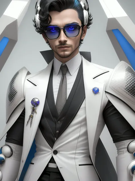 Um homem  com traje futurista,  de oculos brilhante,  com bone de baiseball colorido, autoretrato realista,  Perfect appearance,  detalhes intrincados realista,  em fundo com raios em cores vivas abstrato.