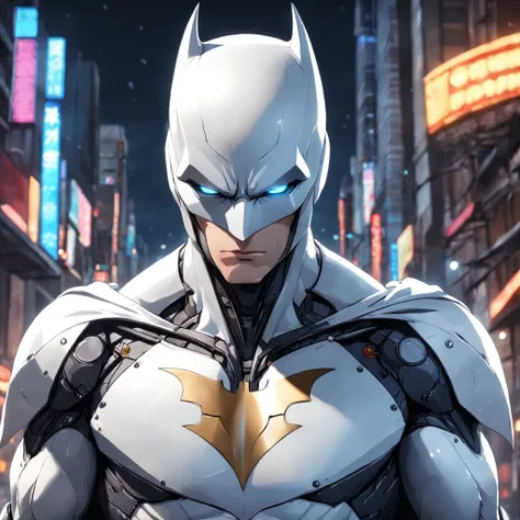 A realistic depiction of an advanced cybernetic suit wearing white Batman.