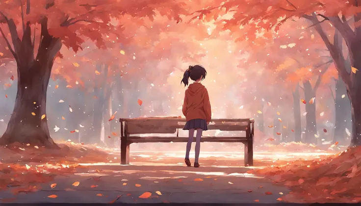 In autumn, trees and fallen leaves, a girl wearing a ponytail and casual attire sat on a bench, and a boy wearing casual attire walked towards her