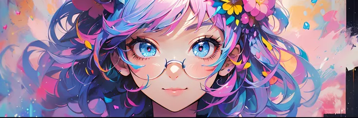 ((flowercrown)),Contemporary art created by tracing traces of colorful ink、​masterpiece、ultra-detailliert、pop-art、innocent smiles、eye glass、(1 girl, Solo:1.6),(Cute smile), (Best Impact:1.5), (maximalism:1.7), Vivid contrast, (Realistic), hyperrealistic il...