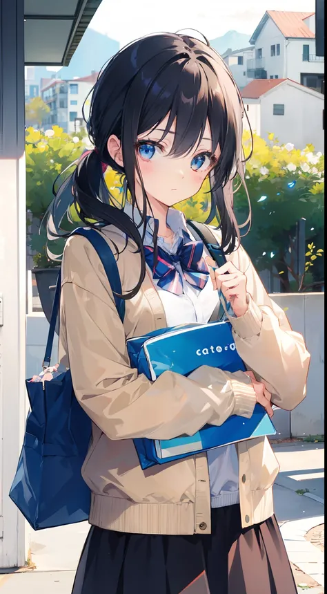 A girl, bluish-black hair and blue eyes, long hair, pony tale, wearing high school uniform and faded yellow jacket while carrying his bag, moe, cute, chubby