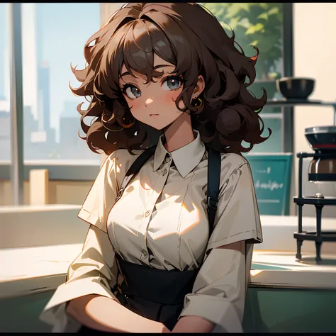 (masterpiece, best quality), black girl, curly hair, barista , eye contact,