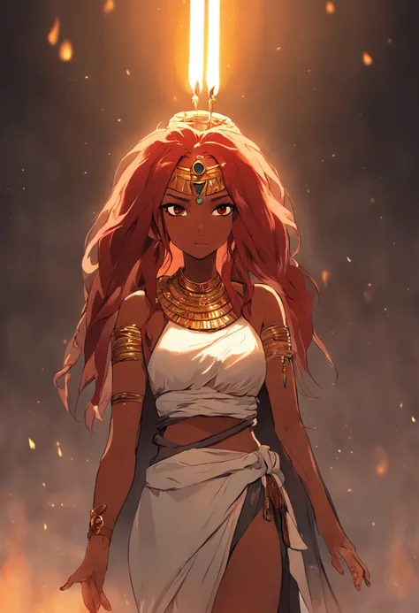 A high-resolution digital painting of a red-haired and ebony-skin, deceived Amazon queen in Sexy Egypt -12000-era clothing, her face illuminated by a single candle, her expression determined and inspiring.