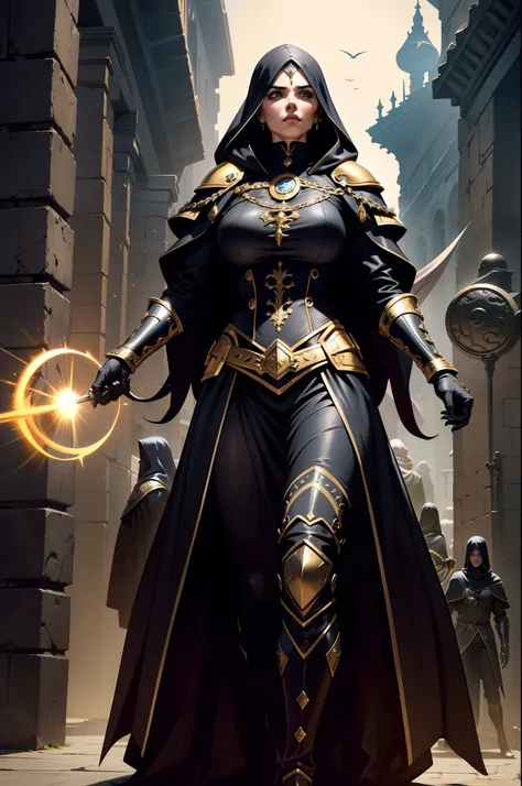 Uma personagem feminina maga, cabelos longo preto, Black and gold Gothic armor, Correntes, capuz, manto, portal, Magnificent, crowd, Cidade medieval, Walking in front of the armies of hooded mages, portal, armadura com detalhes arcanos