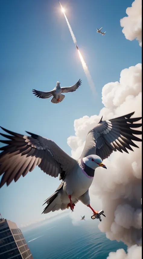 Depict a missile mid-flight, adjusting its course based on the pecking of a pigeon inside, demonstrating the unconventional yet effective guidance technique. epic, realistic, 8k