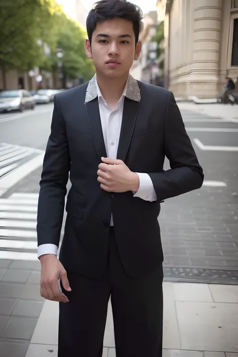 there is a young man in a suit standing on a sidewalk, wearing suit, wearing a suit, with a business suit on, in a suit, he is wearing a suit, doing an elegant pose, dressed in a suit, wearing business suit, posing elegantly over the camera, with a cool po...