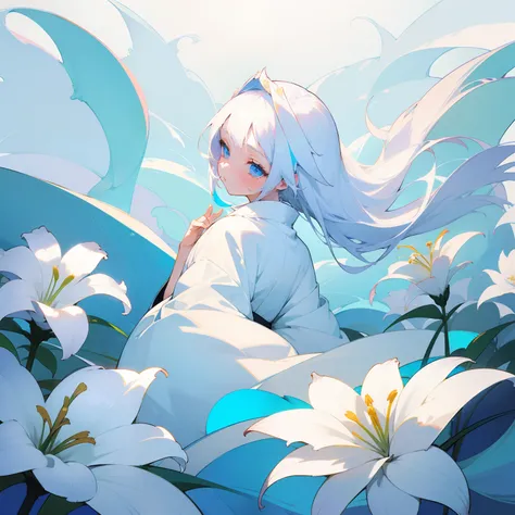 (Beautifully Aesthetic:1.2)、(1girl in:1.3)、(White colorful hair:1.2)、Wearing a colorful white kimono、lily flowers、Beautiful fece、Fantastical、chaste、dignity、Innocence、noble、