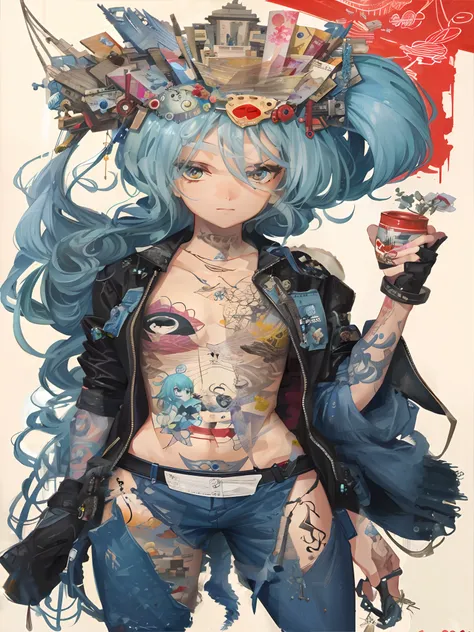 Ultra-high definition 2D art, close-up (1 woman), light blue hair, 2D animation style, soft and delicate depiction, attention also on her full-body tattoos (full-body art), landscape mode, masterpieces by Guweiz and James Jean, tattoo expert designs by CGS...