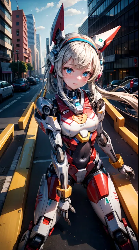 mecha musume, mechanical parts, robot joints headgear, 1girl, crying, in city crash