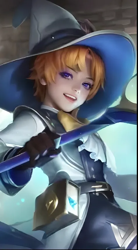 a close up of a person with a hat and a sword, ashe, leblanc, rin, tane skin, orianna, range murata and artgerm, zenra taliyah, roguish smirk, vivy, ezreal (league of legends, charming sly smile, youthful taliyah, smirking male bard, kda, mobile legends,re...