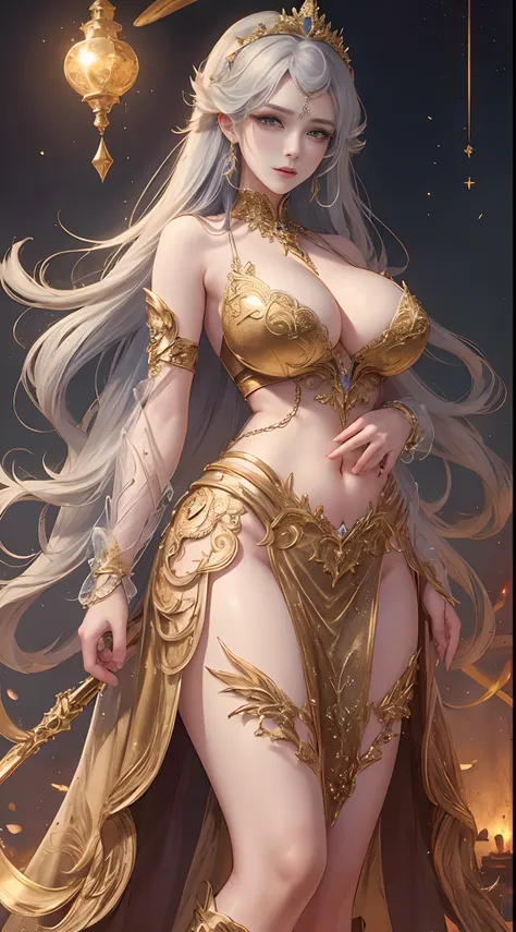 Woman in a golden transparent dress,view the viewer,(((Huge breasts, Large cleavage))),Slim waist,(navel baring,Bare waist), Long hair, Ultra-detailed details,High-end Zhenyi station, Rainstorm site, detailed fantasy art, Stunning character art, Beautiful ...