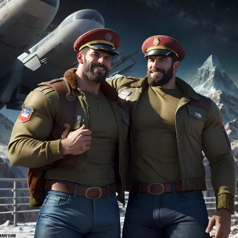 a two muscular soviet union soldiers on vacation, hairy body, alpha male, huge biceps, ripped abs, shaggy hair, jeans, mountain ...