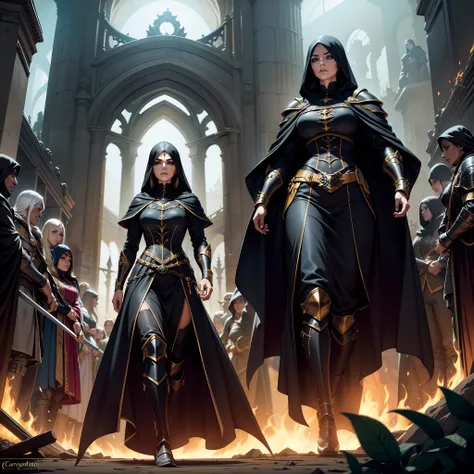 Uma personagem feminina maga, cabelos longo preto, Black and gold Gothic armor, Correntes, capuz, manto, portal, Magnificent, crowd, Cidade medieval, Walking in front of the armies of hooded mages, portal, armadura com detalhes arcanos, Magnificent