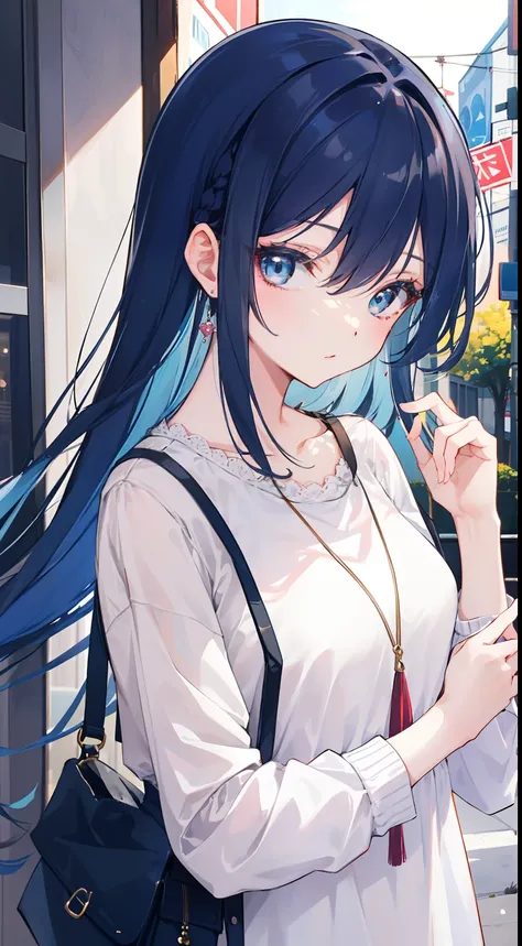 "A girl with flowing long dark blue hair and bright blue eyes, wearing casual clothing, exuding a cute and moe vibe."