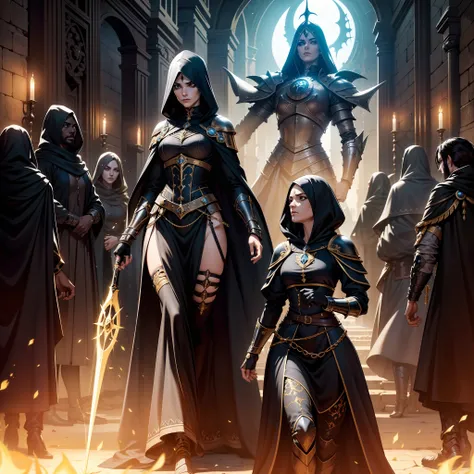 Uma personagem feminina maga, cabelos longo preto, Black and gold Gothic armor, Correntes, capuz, manto, portal, Magnificent, crowd, Cidade medieval, Walking in front of the armies of hooded mages, portal, armadura com detalhes arcanos, Magnificent