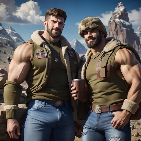 A two muscular Soviet Union soldiers on vacation, hairy body, alpha male, huge biceps, ripped abs, shaggy hair, jeans, mountain spaceport with starships, cuddle together, smile, 4k, high detailed, beautiful, dark age, art by Stanley artgerm, by Daniel f ge...