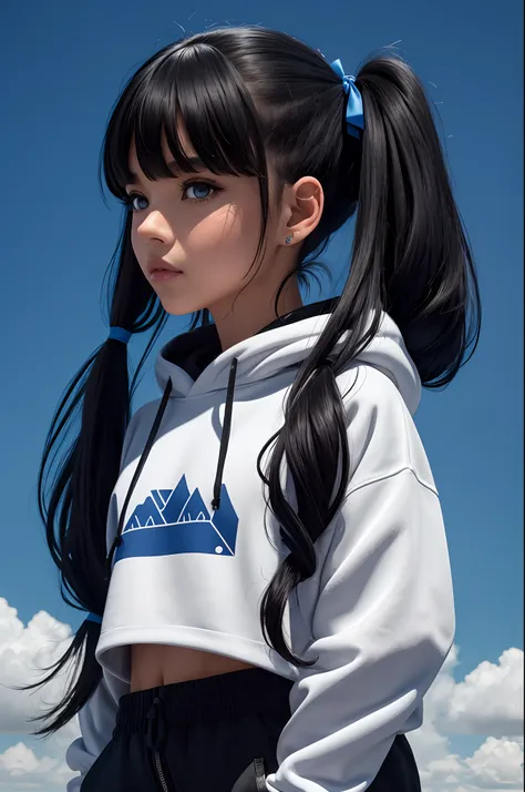 1girl, solo, long hair, hoodie, red hoodie, midriff, looking at viewer, blue background, black hair, simple background, twoes, lips, sexy mouth, ribbon, hair ribbon, bangs, turtleneck sweater, upper body, part side up, turtleneck, blue eyed bangs, black ri...