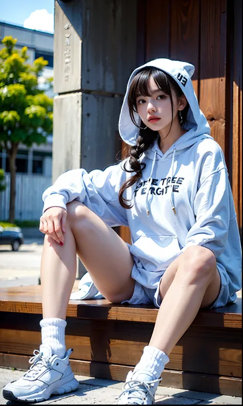 Woman sitting on bench wearing hoodie and sneakers, girl wearing hoodie, ulzzangs, black haired girl wearing hoodie, korean female fashion model, Wearing hoodie, next to a tree, Choi Hong Hwa, Cute Girl, in a hoodie, she is wearing streetwear, sitting on a...