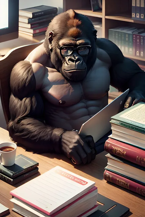 Gorilla office worker、eye glasses、Inside the office、Large amount of books、Work Desk、personal computers