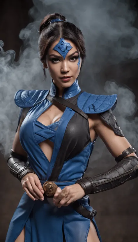 ((Kitana of the Mortal Kombat, Ultra realistic)), (((full body))), ((perfect hands)), stunning, hyper realistic, octan render, surrounded by the effect of smoke and lightning, Mortal Kombat Style, Antique Background, Elegant, Stunning, (Wallpaper), Concept...