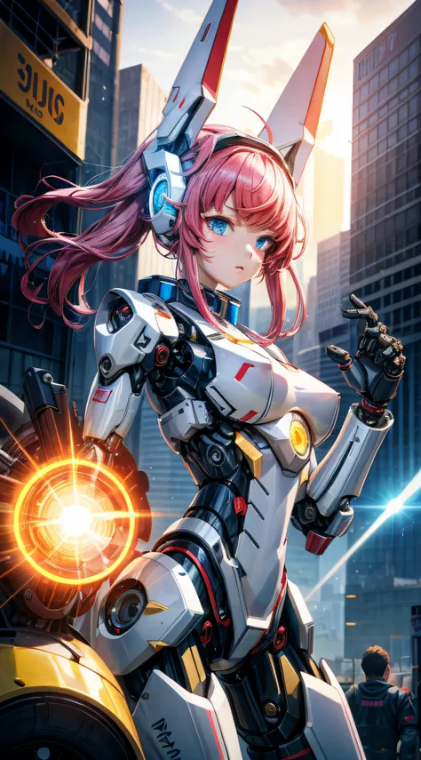 mecha musume, mechanical parts, robot joints headgear, 1girl, in city crash, ring in head