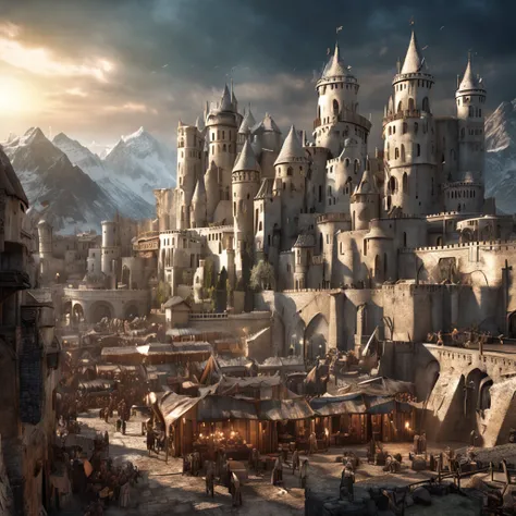 masterpiece, best quality, hd, hyper detailed, epic scenario, a white glorious medieval city, medieval, fantasy rpg, castle, perfect light, large city, minas tirith, giant dragon behind, high bright, ultra hd