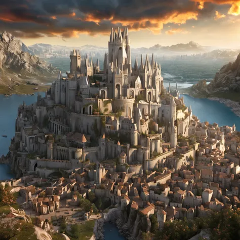 masterpiece, best quality, hd, hyper detailed, epic city, a white glorious medieval city, medieval, fantasy rpg, castle, perfect light, large city, minas tirith, giant dragon behind, high bright, ultra hd