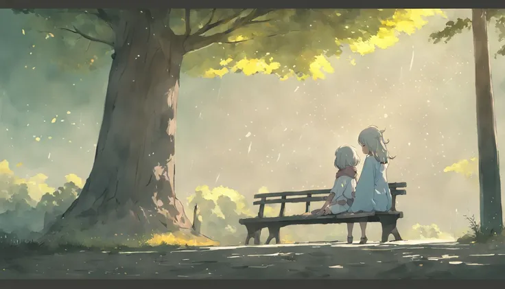 In early autumn, there is a gentle breeze and a bench next to a big tree. A girl in a white dress is sitting on the chair. Across from the girl, a boy in casual clothes is happily walking towards her.