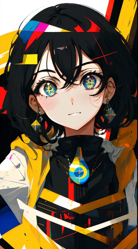 1girl, short black curly hair, smirk, determined face, left side bangs, upturned eyes, eyes, complex eyes, unique pupils, unusual pupils