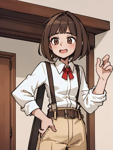 A girl frontal,((Three-quarters),(with short brown hair),(Suspenders)),Young, simplebackground，（long sideburn），Poor milk，laughingly，long trousers，long sleeve t-shirt，modern day，（A suspender with cloth on the front）