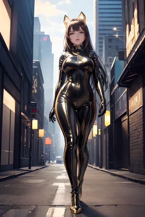 (((best quality))), (((masterpiece))), solo, super fine photo, full body picture Unreal Engine 5 8K UHD, beautiful girl, face detailed, wearing skin tight metallic latex catsuit with gold lace, latex collar, latex gloves, latex long socks with straps, arm ...