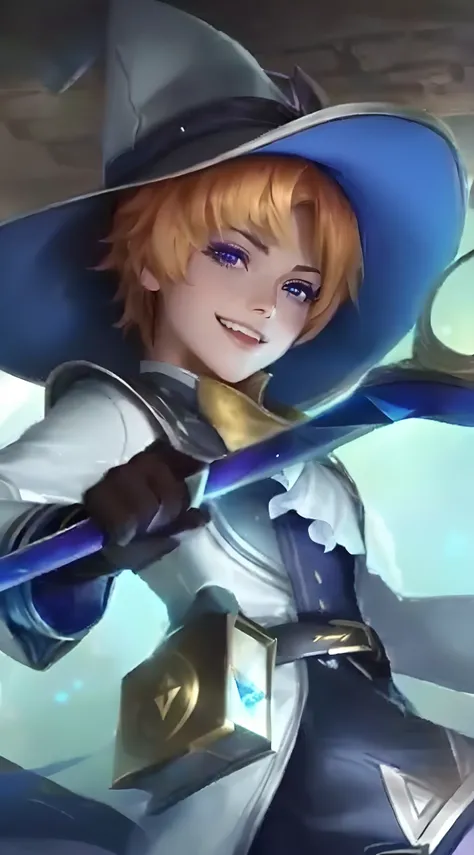 a close up of a person with a hat and a sword, ashe, leblanc, rin, tane skin, orianna, range murata and artgerm, zenra taliyah, roguish smirk, vivy, ezreal (league of legends, charming sly smile, youthful taliyah, smirking male bard, kda, mobile legends,re...