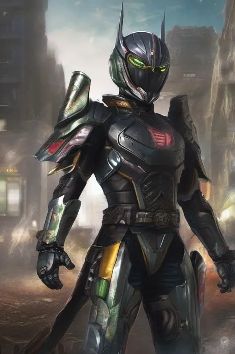 Kamen Rider, Armadura negra, roupa cinza, olhos azuis, capacete com detalhes prata, realista, solo, roboto