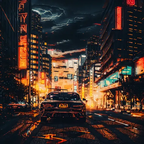 a car backside driving through a empty street, neon signs, cool, spectacular, cinematic lighting, ultra realistic, supersharp, ultra hd --auto --s2