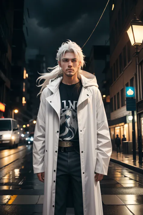 Mullet wolf tail hair，raining day，the city street，Its windy，glomy，cool guy，White hair，lamp lights，overcast day，raincoat，Put your hands in your pockets，Eyes are focused，There are stains on the corners of the mouth