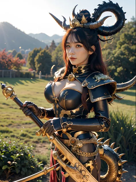 (masutepiece), Professional , ​masterpiece、top-quality、photos realistic , depth of fields 、（Dragon Black Metal Body:1.９),(Enamel blue-black、（cleavage of the breast）、Dragon Gold Weapon（Dragon Metal Body:1.４),Gorgeous gold weapons ,（（ Dragons dense and gorge...