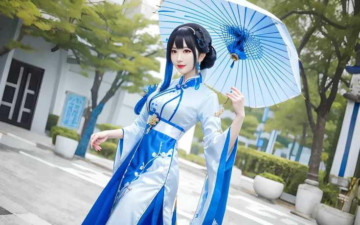 Photo of woman in blue dress holding an umbrella, Cheongsam, Anime girl cosplay, White Hanfu, wearing a blue qipao dress, inspired by Leng Mei, elegant glamourous cosplay, full-body xianxia, Chinese costume, Anime cosplay, in a blue qipao, inspired by Li M...