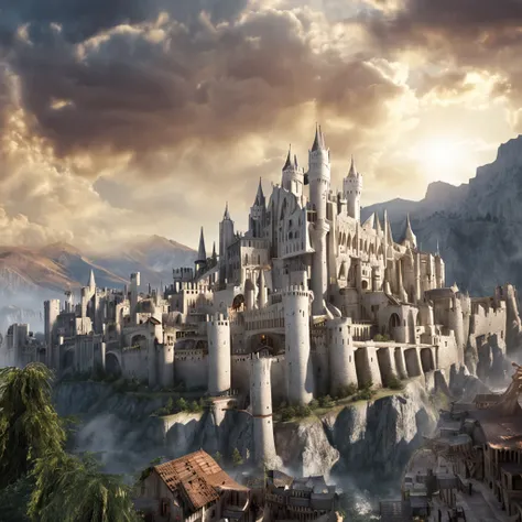 masterpiece, best quality, hd, hyper detailed, epic city, a white glorious medieval city, medieval, fantasy rpg, castle, perfect light, large city, minas tirith, giant dragon, white sky, high bright, ultra hd ::n_blurry, cartoon, poorly drawn