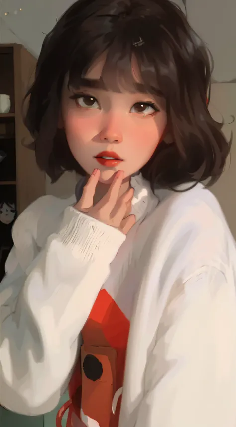 Close-up of a man wearing red lipstick and white sweater, ulzzangs, from 8 k matte, She has a cute face, wan adorable korean face, She has black hair，By bangs, lofi-girl, Ruan cute vtuber,girl portrait,