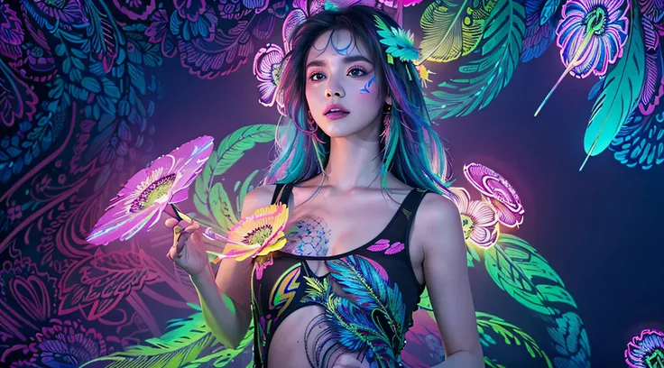 masterpiece, top quality, best quality, official art, beautiful and aesthetic:1.2), (1girl:1.3), extremely detailed,(fractal art:1.1)neon,(colorful:1.1)neon(flowers:1.3)neon,highest detailed,(zentangle:1.2)neon, (dynamic pose), (abstract background:1.3) ne...