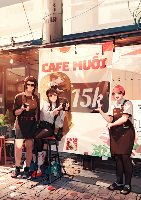 three people standing in front of a cafe with a banner, cafe, 🤬 🤮 💕 🎀, 8k)), ƒ/5.6, 5k, 5 k, large view, 🕹️ 😎 🚬, 155 cm tall, 🕹️ 😎 🔫 🤖 🚬, coffee shop, android coffee shop, cafe for mice. Nice girl. Sexy