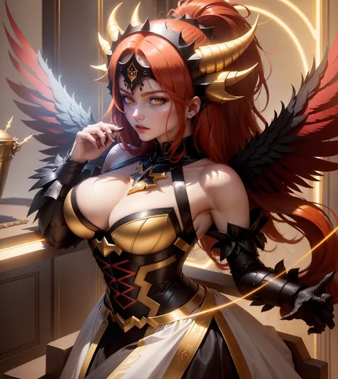 A demonic female angel and wears white and gold cyber armor with golden neon lights. His head is crowned with golden horns. Er hat rot-schwarze Augen, golden-red hair and big wings.