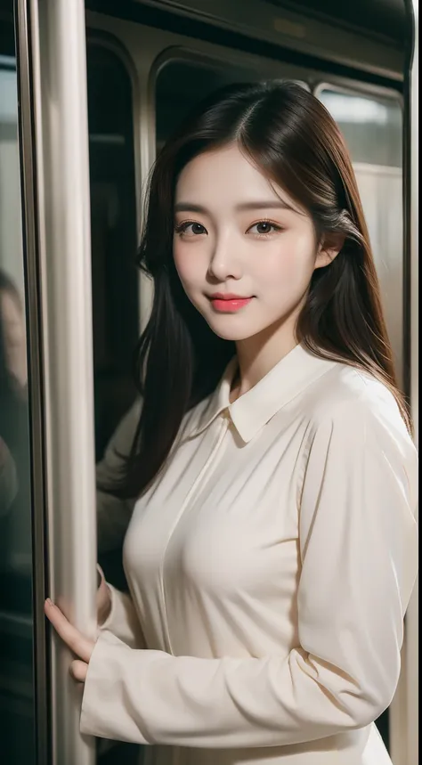 realistic photos of 1 cute Korean star, curtained hair, white skin, thin makeup, 32 inch breasts size, slightly smile, wearing long sleeves shirt, wating a train, upper body portrait, Neoclassicism, UHD